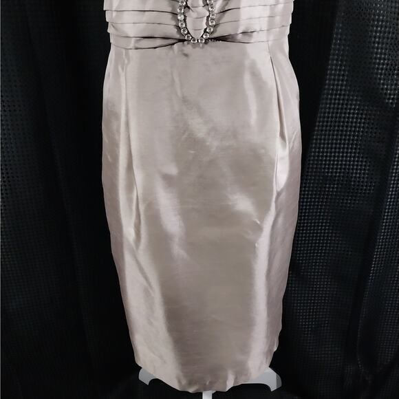 R & M RICHARDS PETITES! CHAMPAGNE BEIGE SATIN, LACE & RHINESTONE DRESS! SZ 10P - Picture 4 of 9